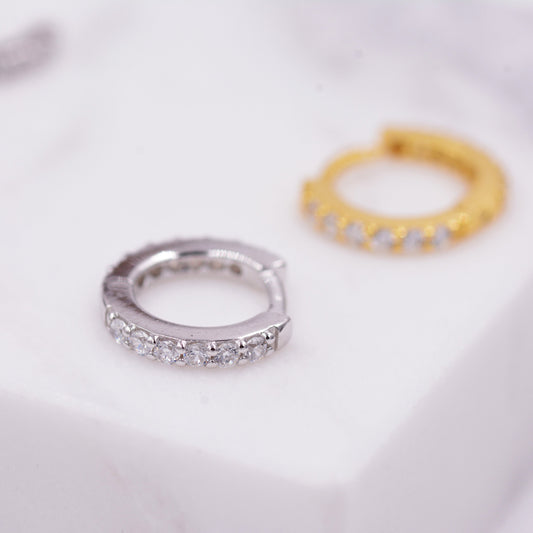 Minimalist 8mm Huggie Hoop Earrings in Sterling Silver with Pave CZ Crystals, Gold or Silver, Tiny and Dainty, Simple Hoop Earrings