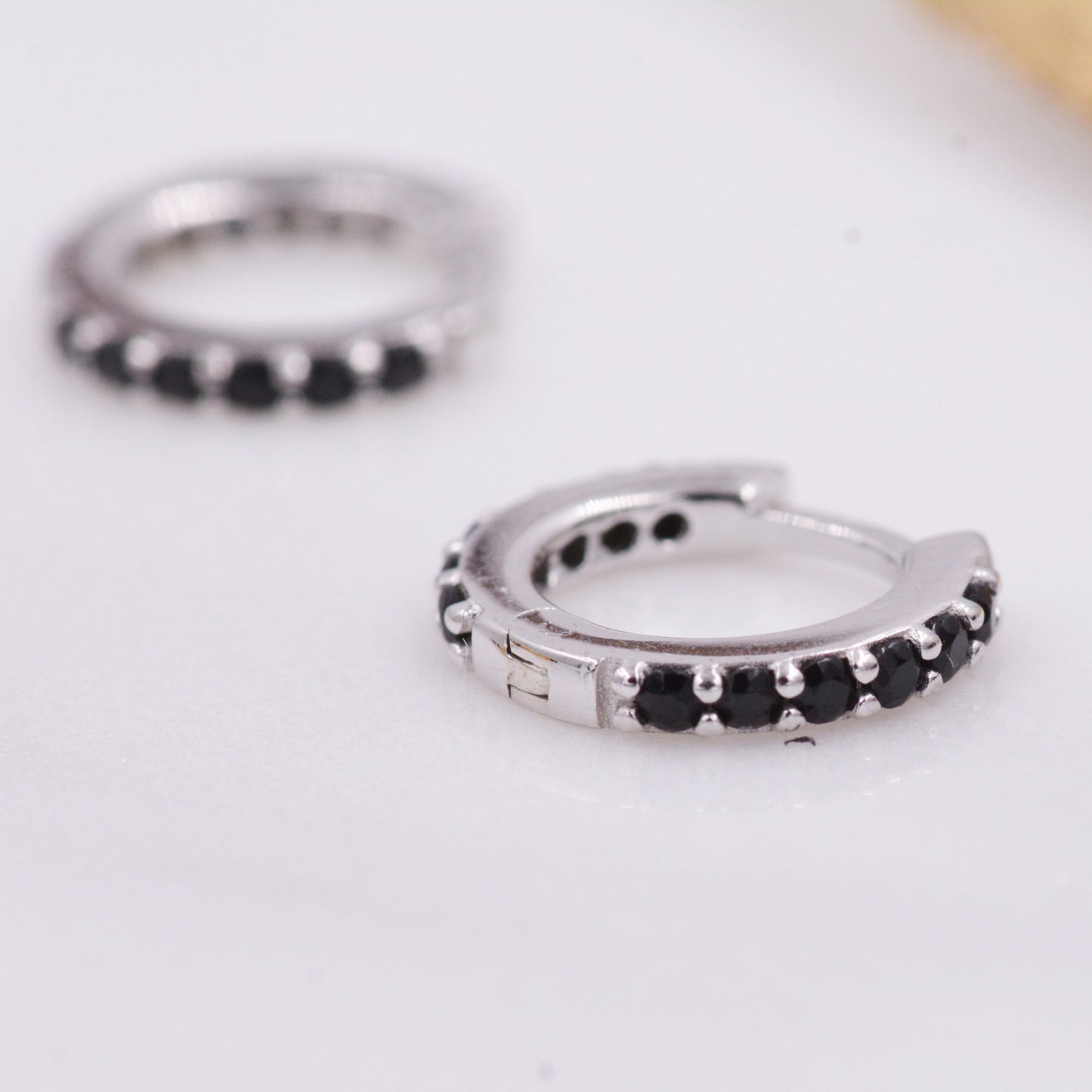 Minimalist Huggie Hoop Earrings in Sterling Silver with Black CZ Crystals, Tiny Snug Hoop Earrings, Black Diamond, Simple Hoop Earrings