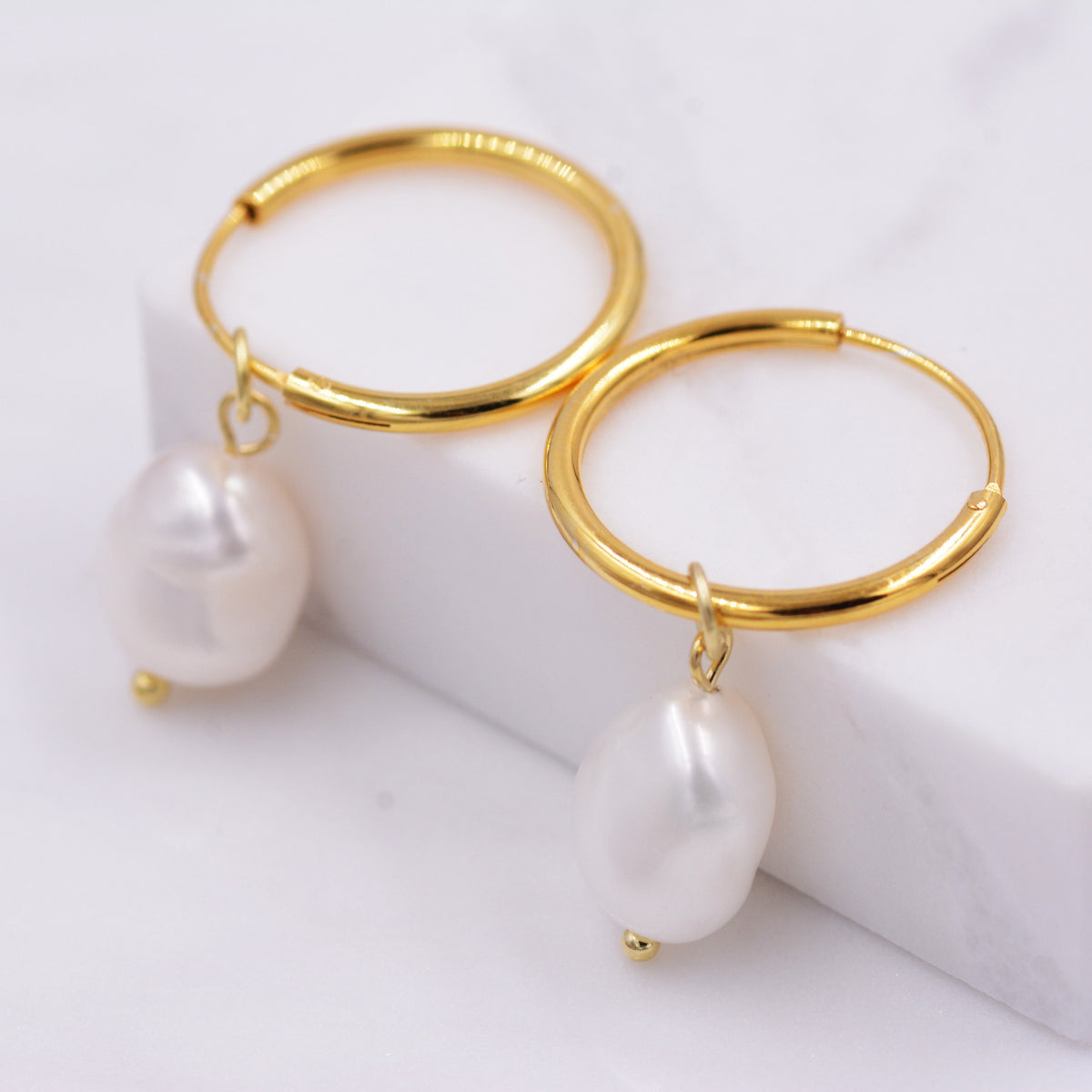 Genuine Baroque Pearl CZ Crystal Large Huggie Hoop Earrings in Sterling Silver, Gold or Silver, Hoop Earrings R99
