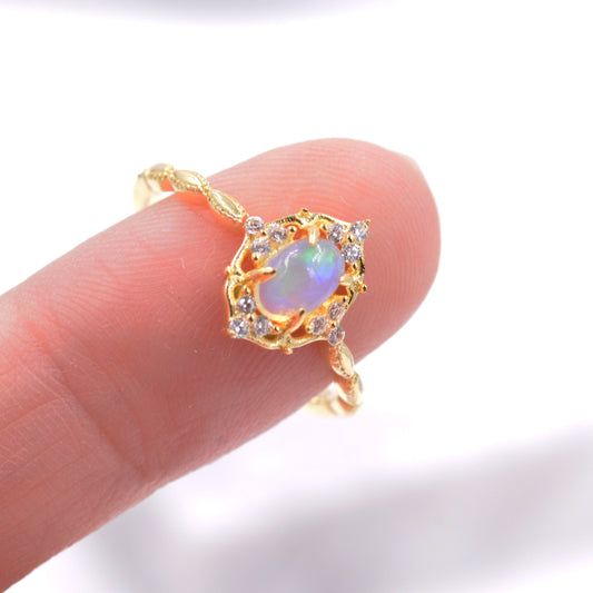 Sale! Sterling Silver Natural Genuine Opal Rings - US Size 6, 7, 8 - 18ct Gold Vermeil Finish - Vintage Inspired Design