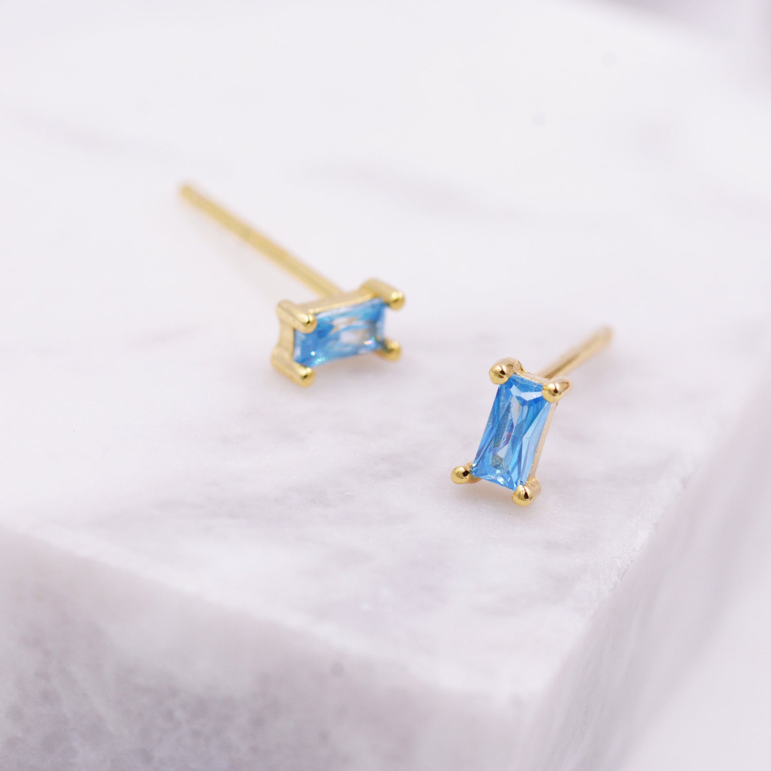 Topaz Blue Baguette Cut Crystal Stud Earrings in Sterling Silver, Silver or Gold, Aquamarine, Dainty and Tiny