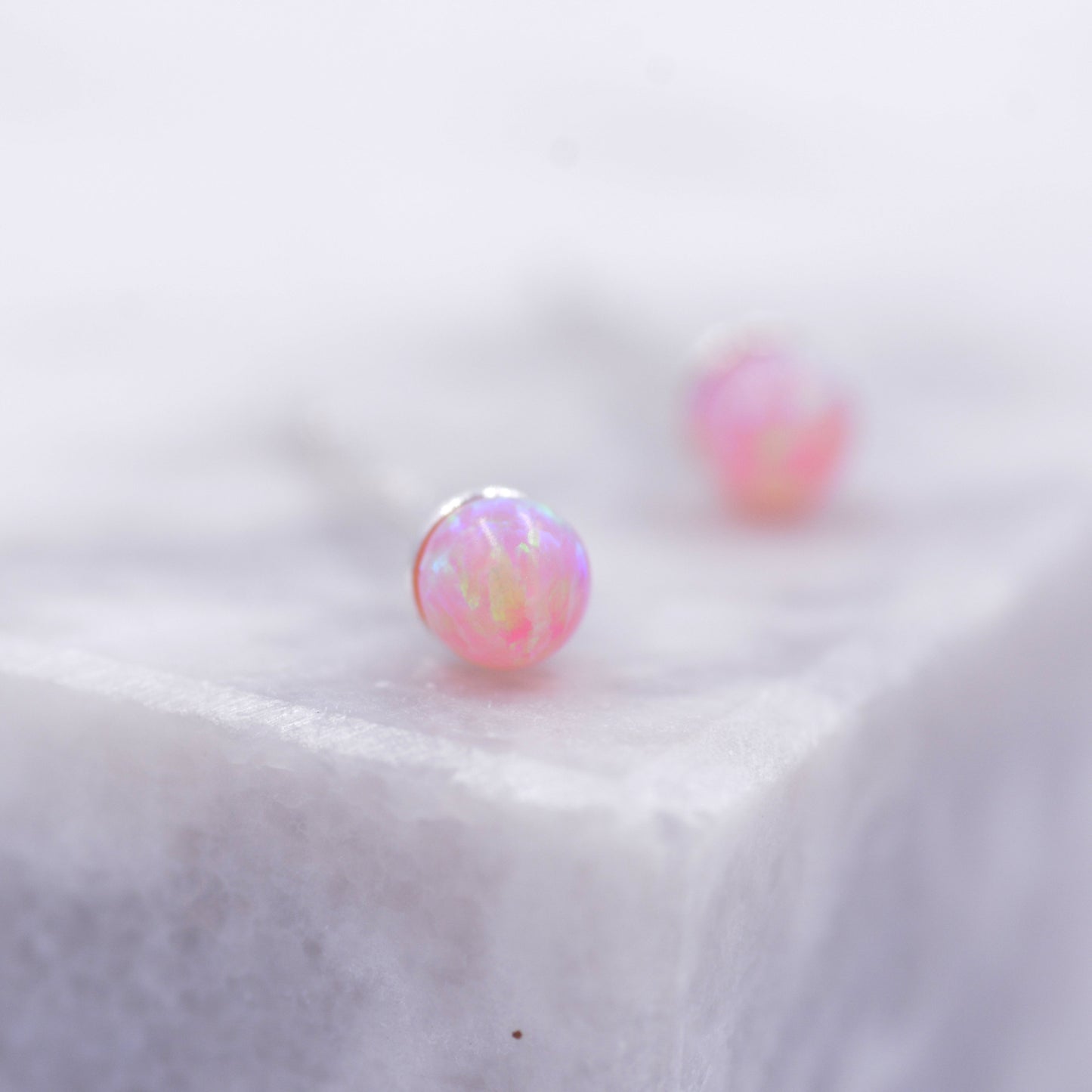 Very Tiny Opal Ball Stud Earrings in Sterling Silver, Pink Opal, White Opal, Dainty Opal Stud