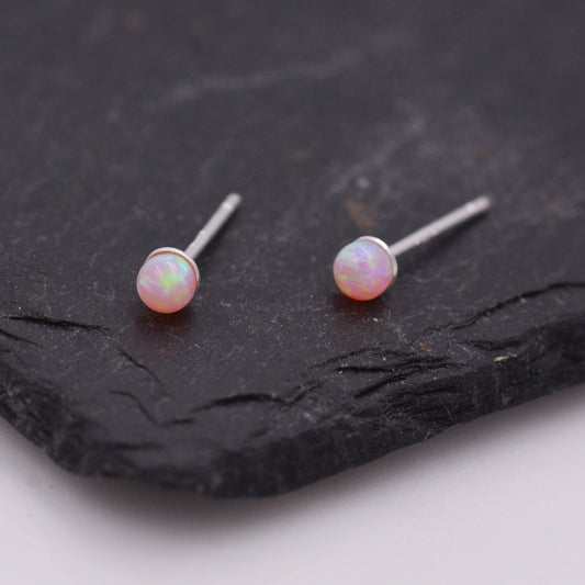 Very Tiny Opal Ball Stud Earrings in Sterling Silver, Pink Opal, White Opal, Dainty Opal Stud