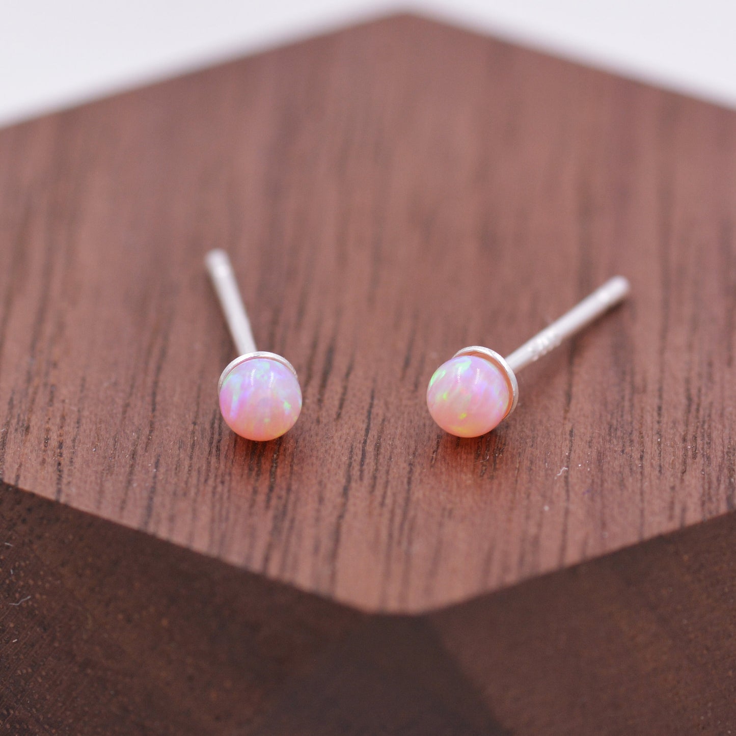 Very Tiny Opal Ball Stud Earrings in Sterling Silver, Pink Opal, White Opal, Dainty Opal Stud