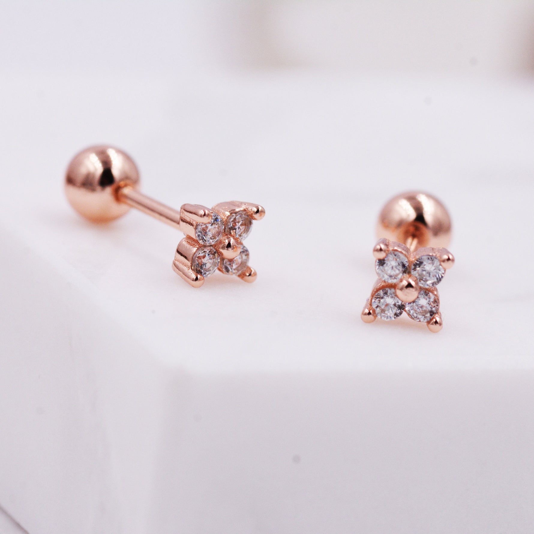 Sterling Silver Tiny Hydrangea Flower Inspired 18G Screw Back Earrings with Sparkly CZ Crystals