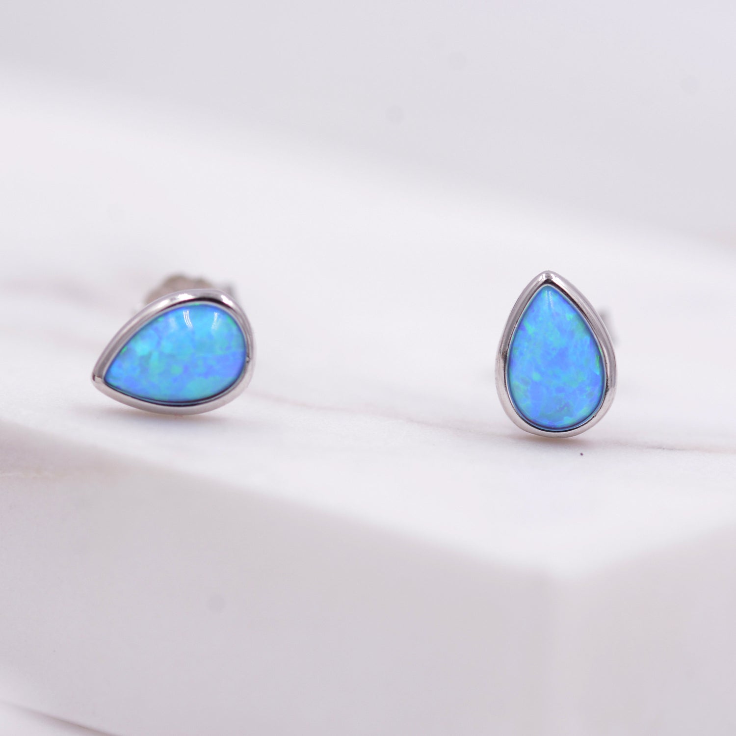 Opal Droplet Stud Earrings in Sterling Silver, Blue or White, Teardrop Opal, Pear Cut Opal Semi-precious Jewellery R99