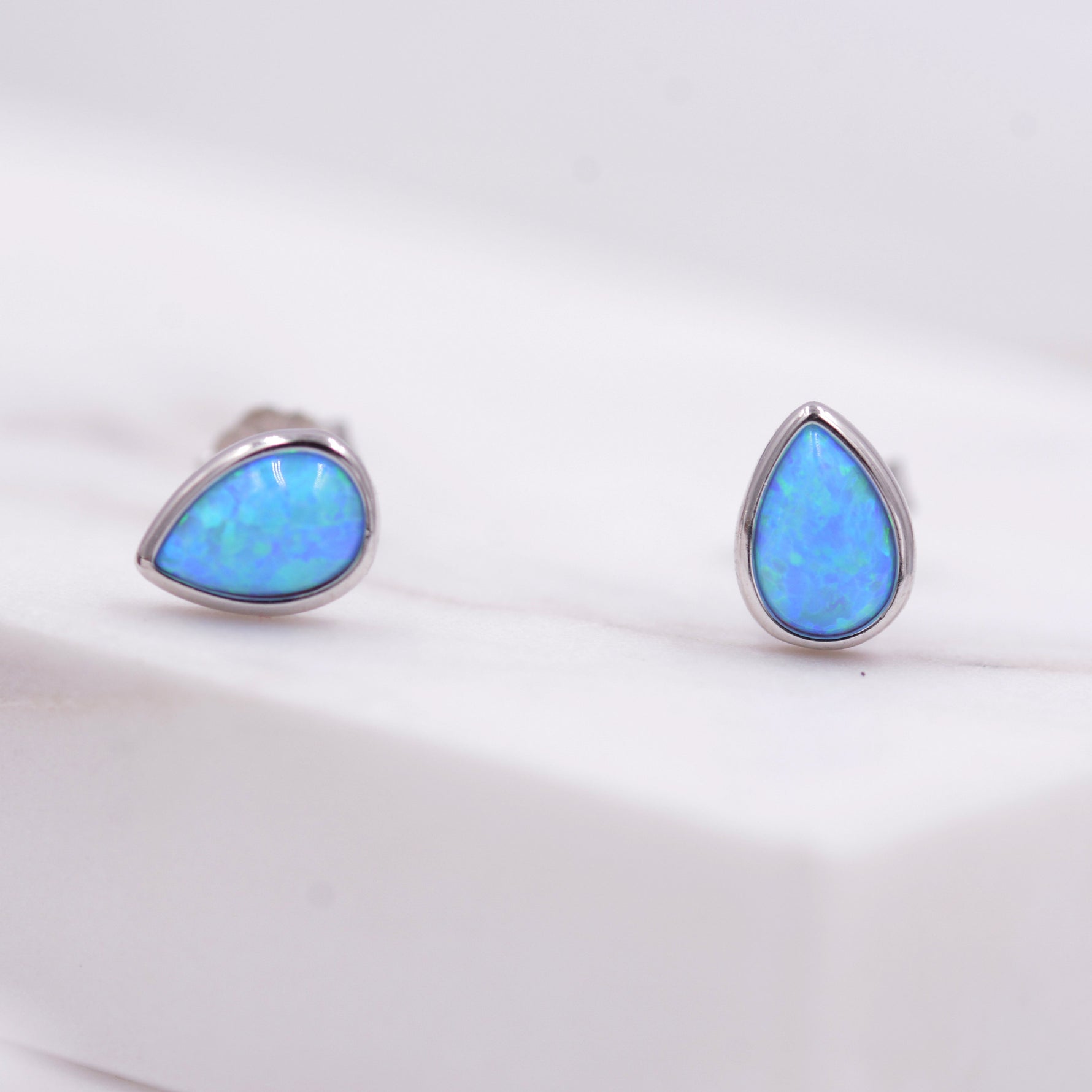 Opal Droplet Stud Earrings in Sterling Silver, Blue or White, Teardrop Opal, Pear Cut Opal Semi-precious Jewellery R99