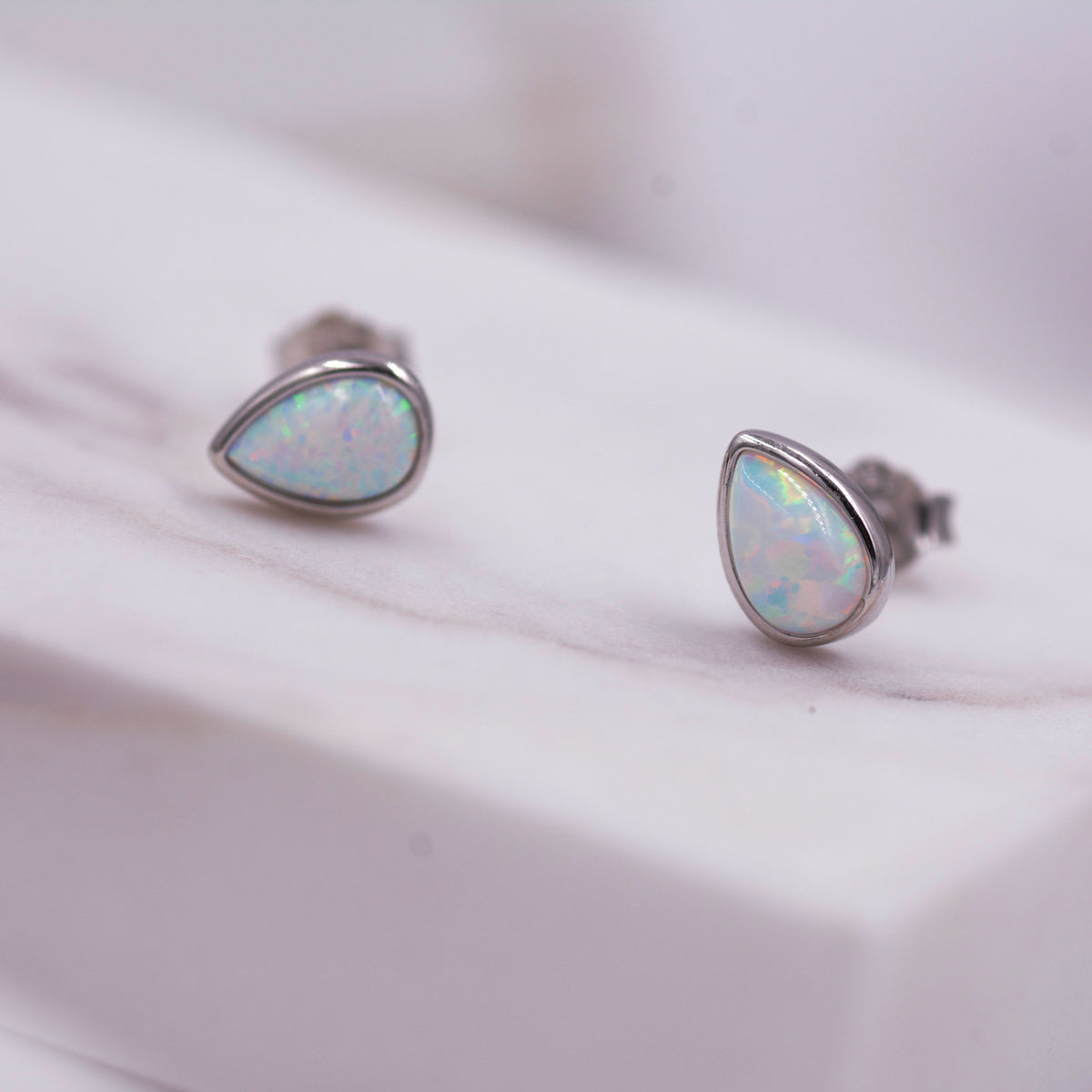 Opal Droplet Stud Earrings in Sterling Silver, Blue or White, Teardrop Opal, Pear Cut Opal Semi-precious Jewellery R99