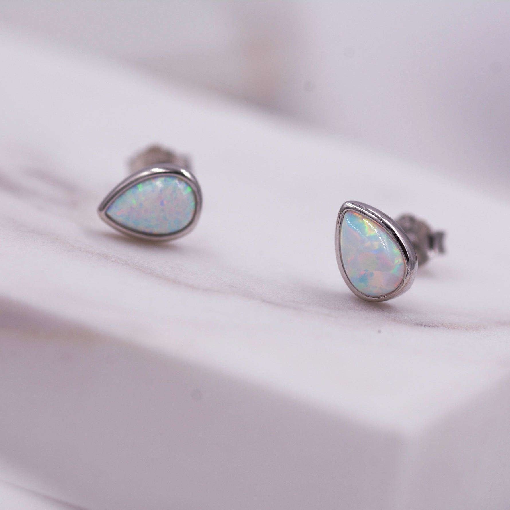 Opal Droplet Stud Earrings in Sterling Silver, Blue or White, Teardrop Opal, Pear Cut Opal Semi-precious Jewellery R99