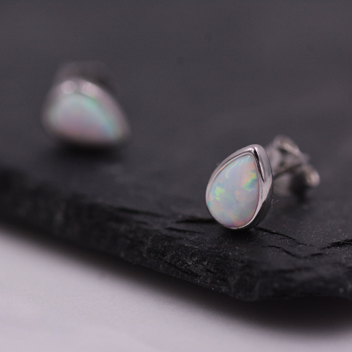 Opal Droplet Stud Earrings in Sterling Silver, Blue or White, Teardrop Opal, Pear Cut Opal Semi-precious Jewellery R99