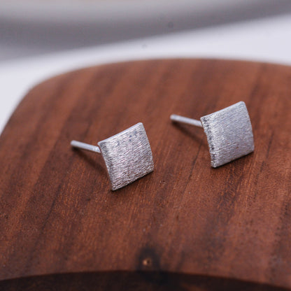 Curved Square Stud Earrings in Sterling Silver with Textured Finish, Minimalist Geometric Stud