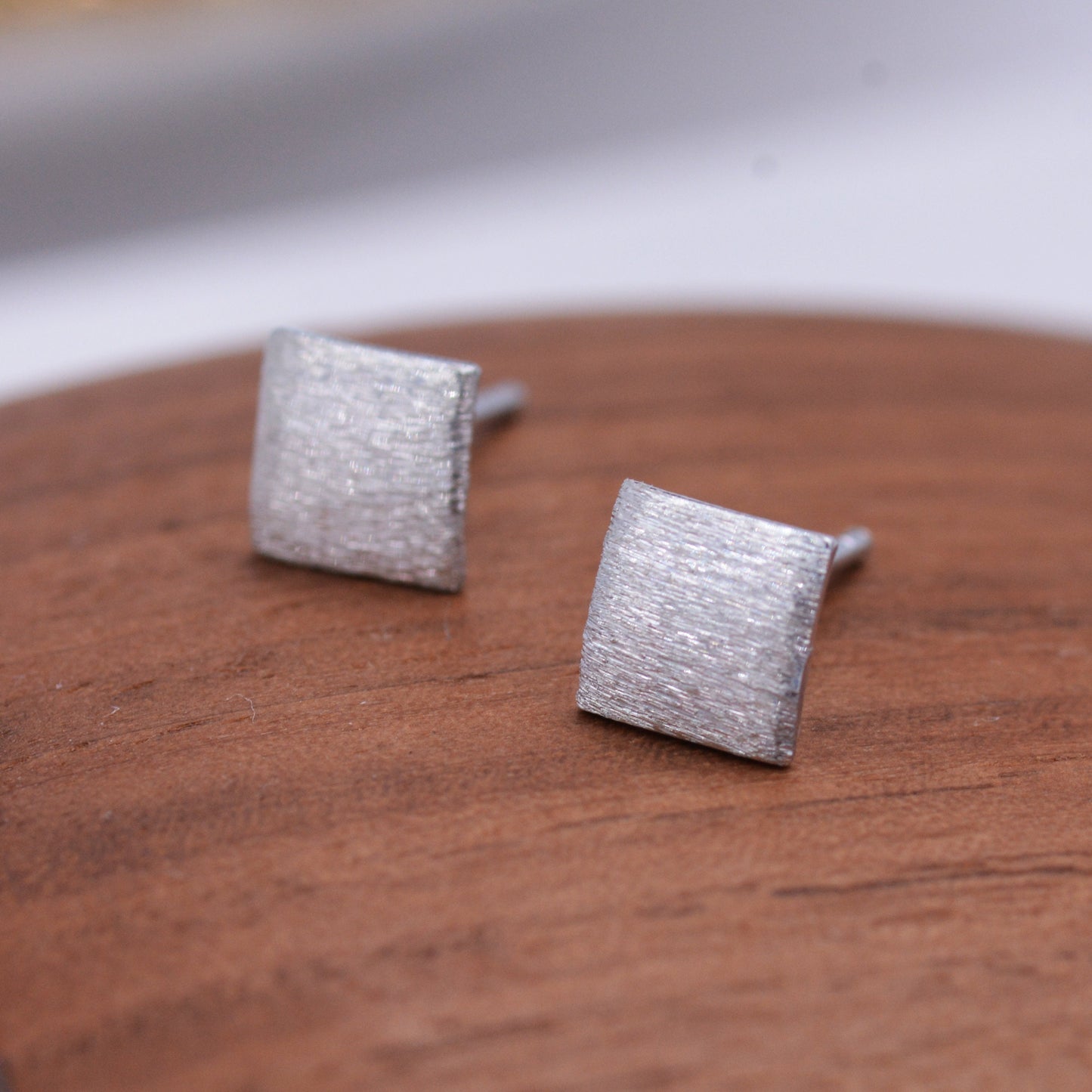 Curved Square Stud Earrings in Sterling Silver with Textured Finish, Minimalist Geometric Stud