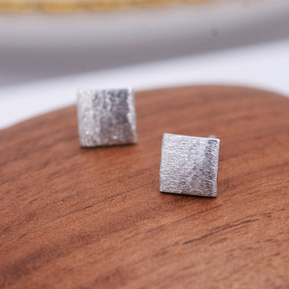 Curved Square Stud Earrings in Sterling Silver with Textured Finish, Minimalist Geometric Stud