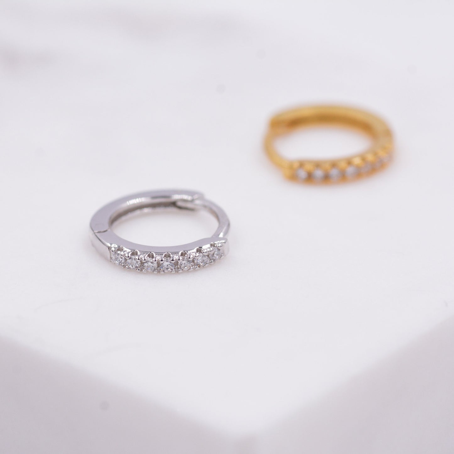 Minimalist 8mm Huggie Hoop Earrings in Sterling Silver with Pave CZ Crystals, Gold or Silver, Tiny and Dainty, Simple Hoop Earrings