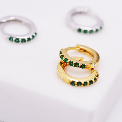 Emerald Green Crystal Huggie Hoop Earrings in Sterling Silver with Pave CZ Crystals, Gold or Silver, Tiny and Dainty, Simple Hoop Earrings