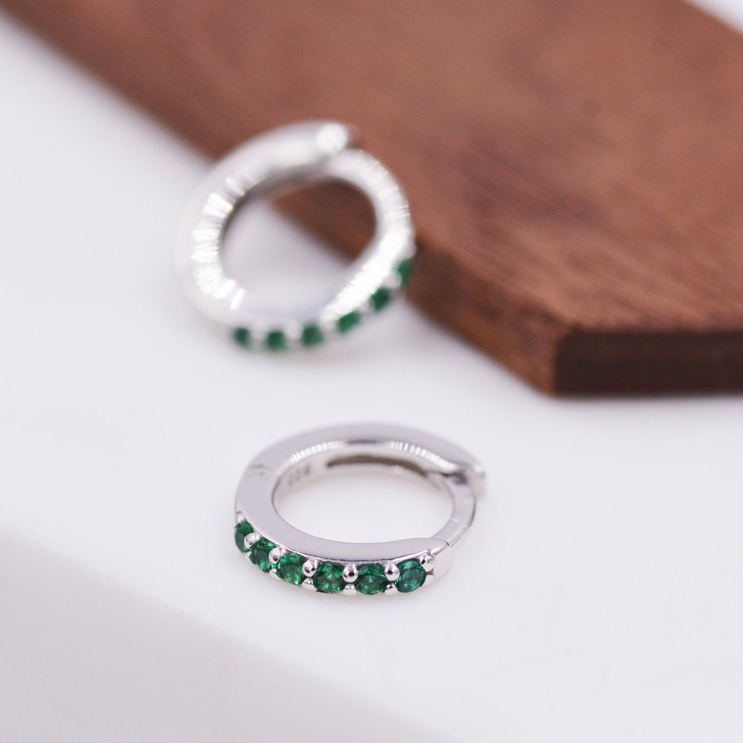 Emerald Green Crystal Huggie Hoop Earrings in Sterling Silver with Pave CZ Crystals, Gold or Silver, Tiny and Dainty, Simple Hoop Earrings