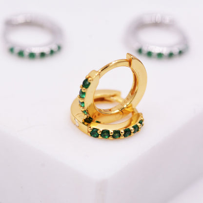 Emerald Green Crystal Huggie Hoop Earrings in Sterling Silver with Pave CZ Crystals, Gold or Silver, Tiny and Dainty, Simple Hoop Earrings