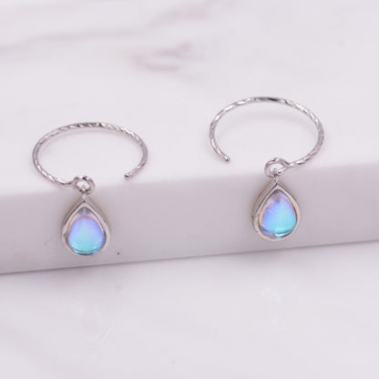 Mermaid Crystal Drop Hook Earrings in Sterling Silver, Droplet Pear Cut Aurora Glass Crystal, Simulated Moonstone Dangle Earrings