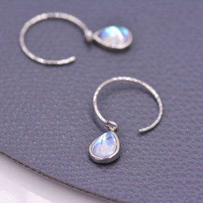 Mermaid Crystal Drop Hook Earrings in Sterling Silver, Droplet Pear Cut Aurora Glass Crystal, Simulated Moonstone Dangle Earrings