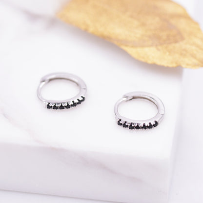 Skinny Huggie Hoop Earrings in Sterling Silver with Black CZ Crystals, Tiny Snug Hoop Earrings, Black Diamond, Simple Hoop Earrings