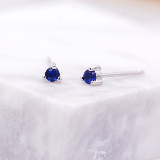 Extra Tiny Sapphire Blue Crystal CZ Stud Earrings in Sterling Silver, Three Prong 3mm Teeny Tiny Stud