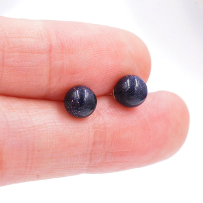 Blue Goldstone Stud Earrings, Blue Sandstone Ball Stud, Simple Semi-preicous Stud Earrings