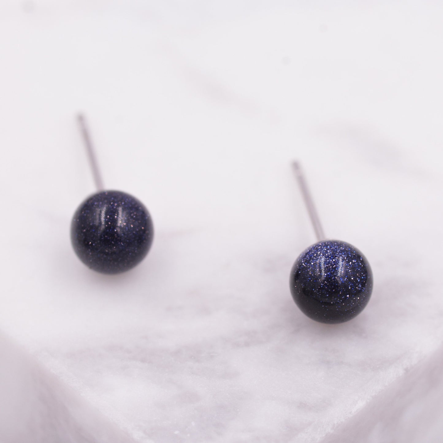 Blue Goldstone Stud Earrings, Blue Sandstone Ball Stud, Simple Semi-preicous Stud Earrings