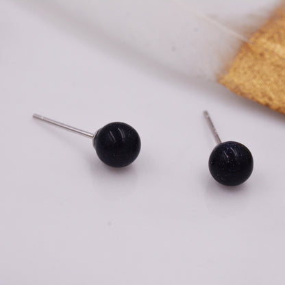 Blue Goldstone Stud Earrings, Blue Sandstone Ball Stud, Simple Semi-preicous Stud Earrings