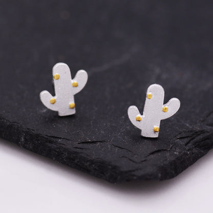 Cute Cactus Stud Earrings in Sterling Silver, Frosted Finish, Cute Dainty Minimal Jewellery