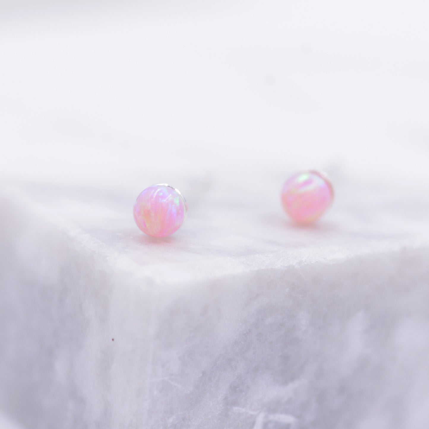 Very Tiny Opal Ball Stud Earrings in Sterling Silver, Pink Opal, White Opal, Dainty Opal Stud