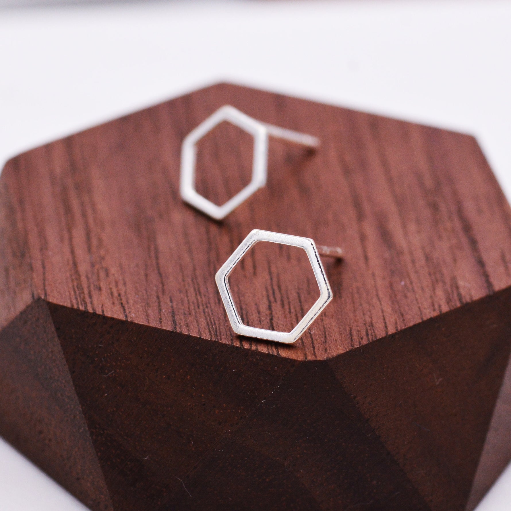 Open Hexagon Stud Earrings in Sterling Silver, Silver, Gold or Rose Gold, Minimalist Geometric Design