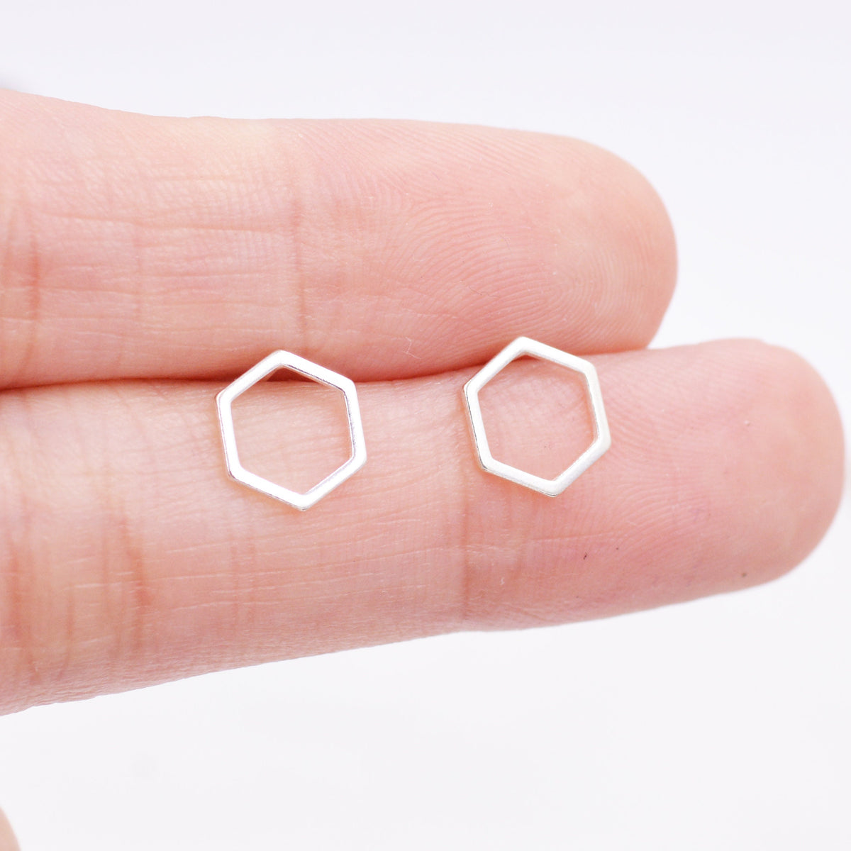 Open Hexagon Stud Earrings in Sterling Silver, Silver, Gold or Rose Gold, Minimalist Geometric Design