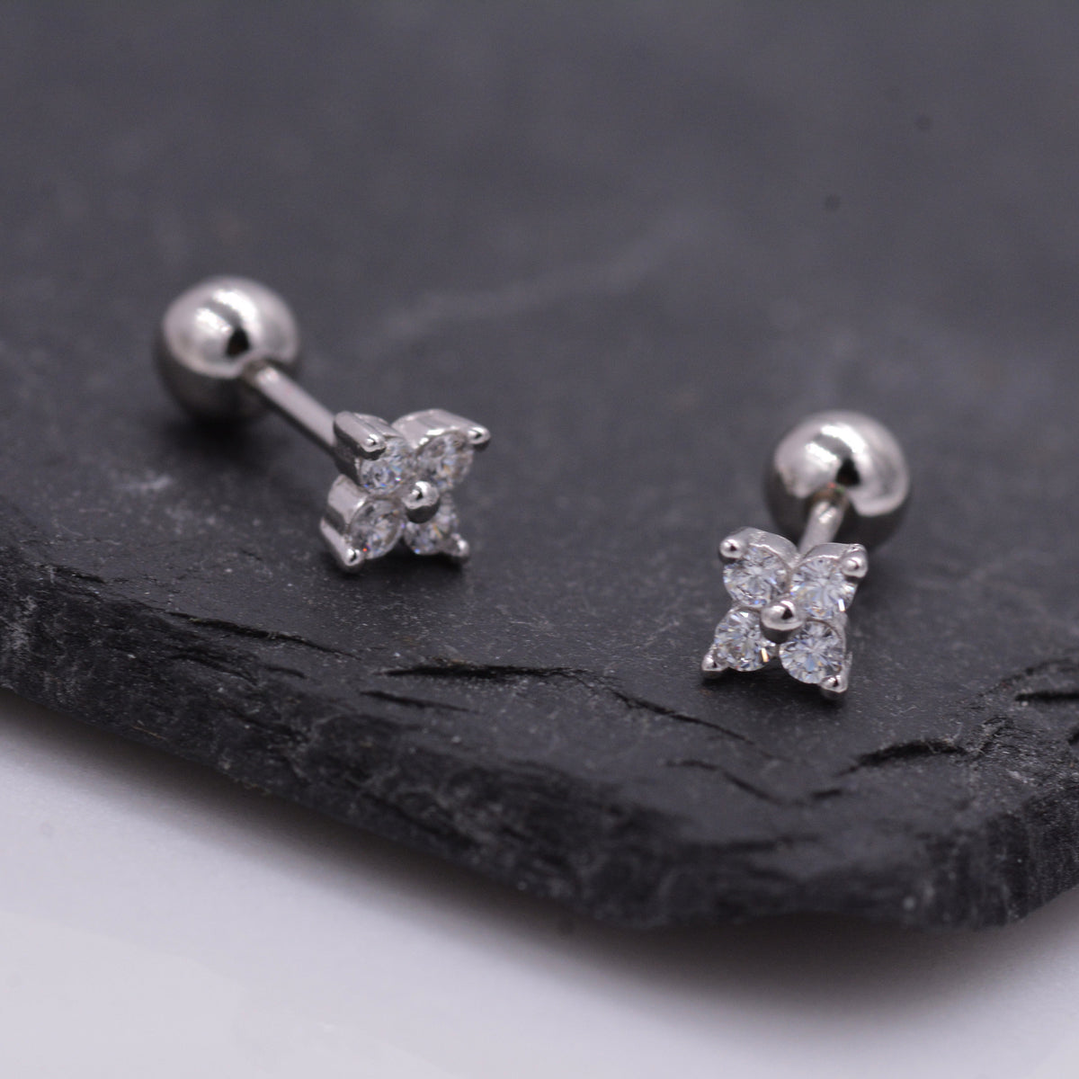 Sterling Silver Tiny Hydrangea Flower Inspired 18G Screw Back Earrings with Sparkly CZ Crystals