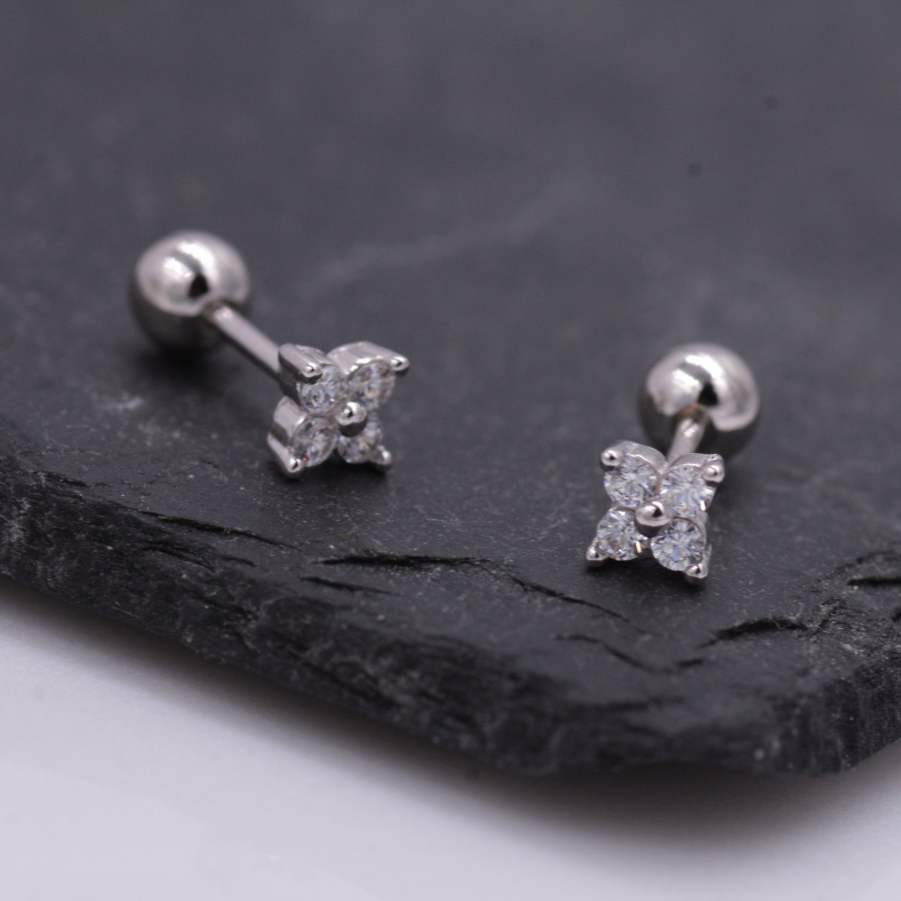 Sterling Silver Tiny Hydrangea Flower Inspired 18G Screw Back Earrings with Sparkly CZ Crystals