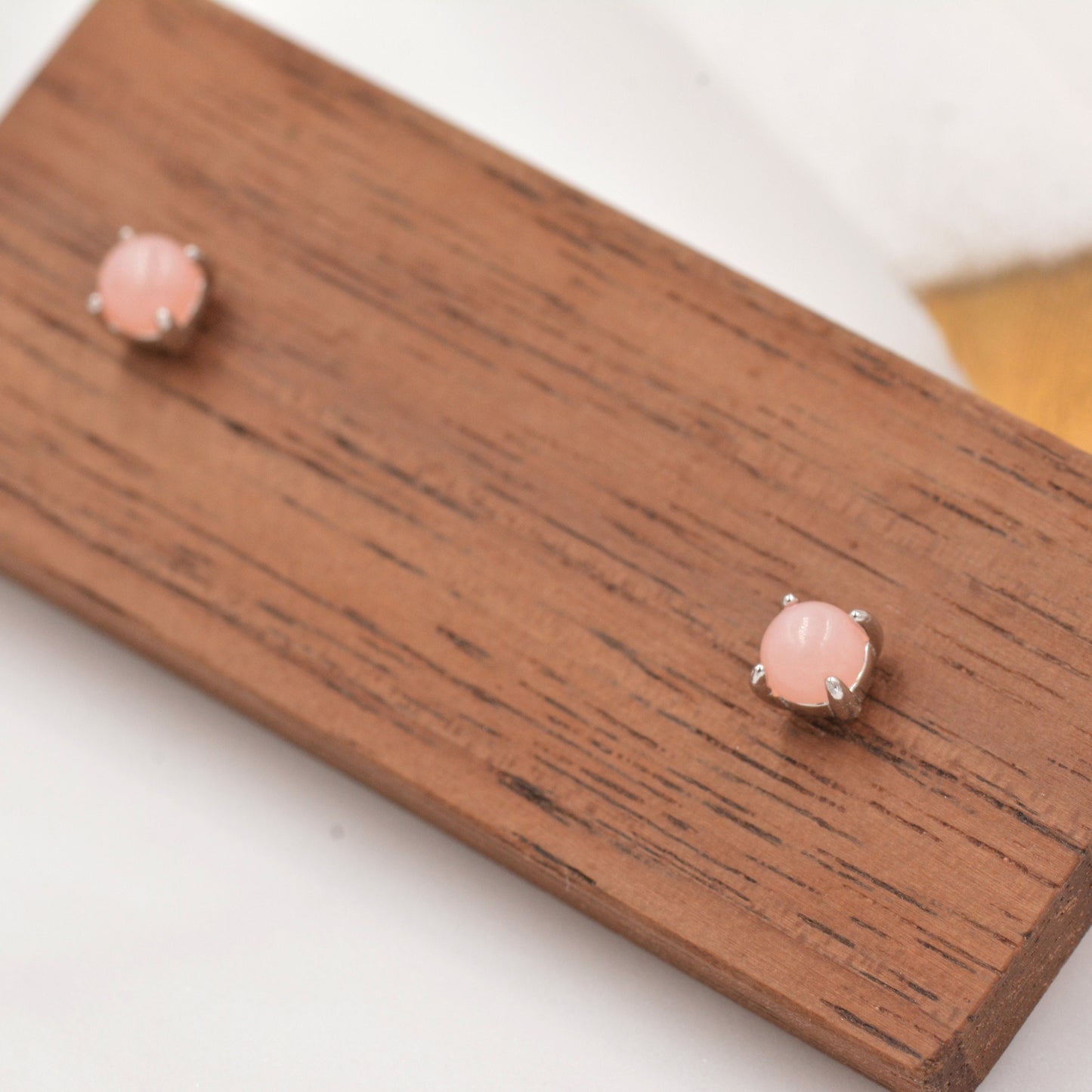 Sterling Silver Pink Opal Tiny Stud Earrings, Genuine Pink Opal Stud, Natural Semi-Precious Gemstones, 4mm, 4 Prongs, Minimalist  Earrings