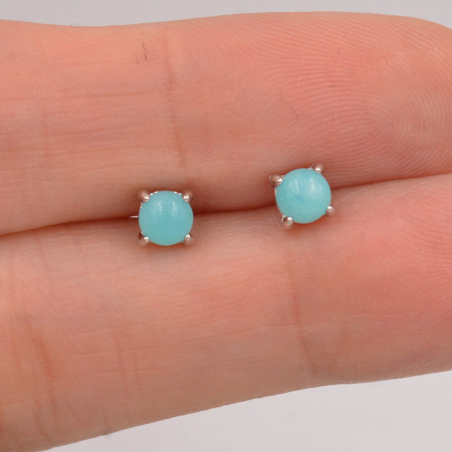 Sterling Silver Amazonite Stud Earrings, 4mm, Genuine tiny Amazonite Gemstone Stud, 4 Prongs, Minimalist Style