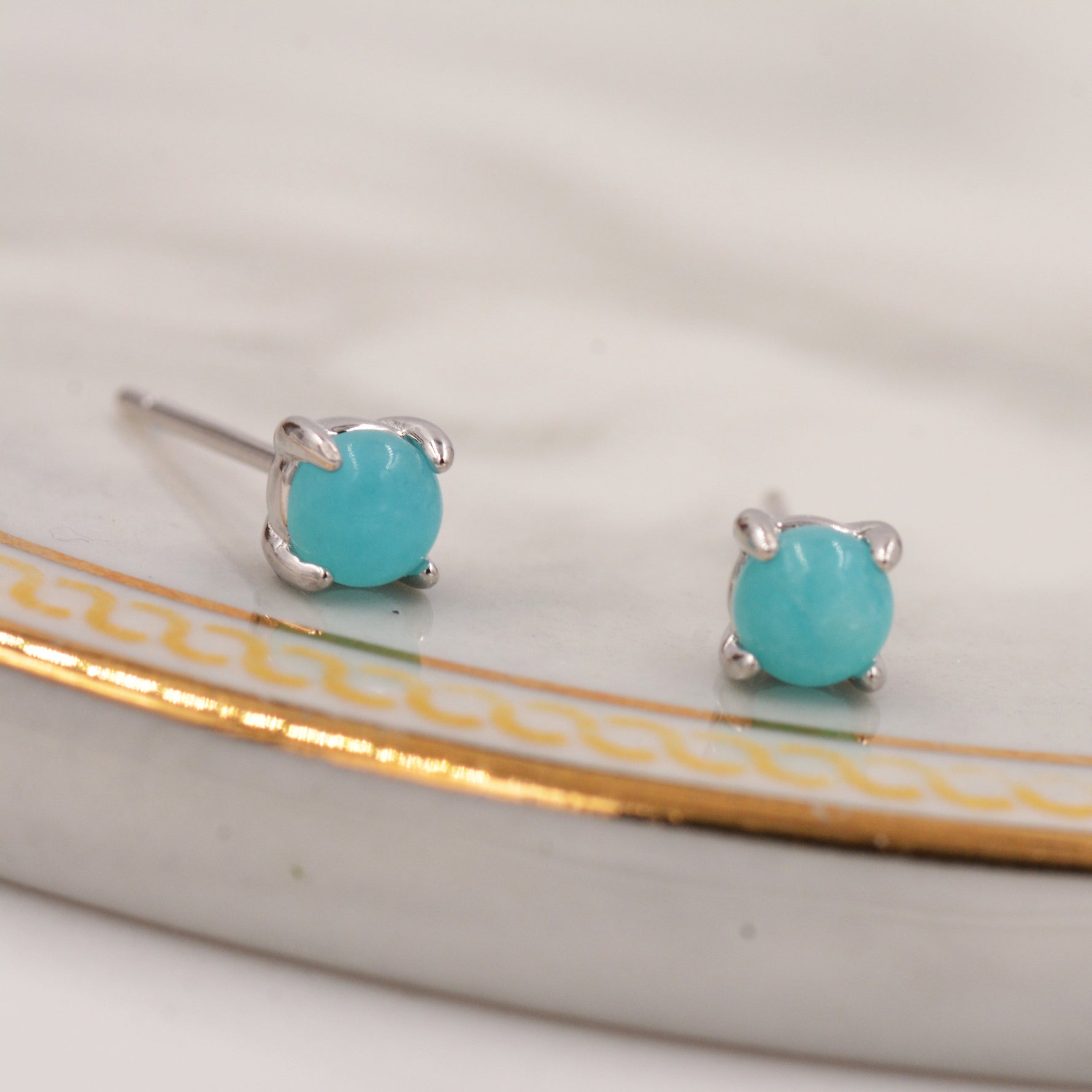 Sterling Silver Amazonite Stud Earrings, 4mm, Genuine tiny Amazonite Gemstone Stud, 4 Prongs, Minimalist Style