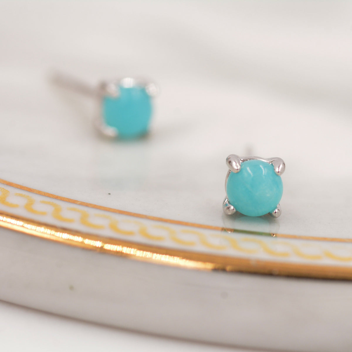 Sterling Silver Amazonite Stud Earrings, 4mm, Genuine tiny Amazonite Gemstone Stud, 4 Prongs, Minimalist Style