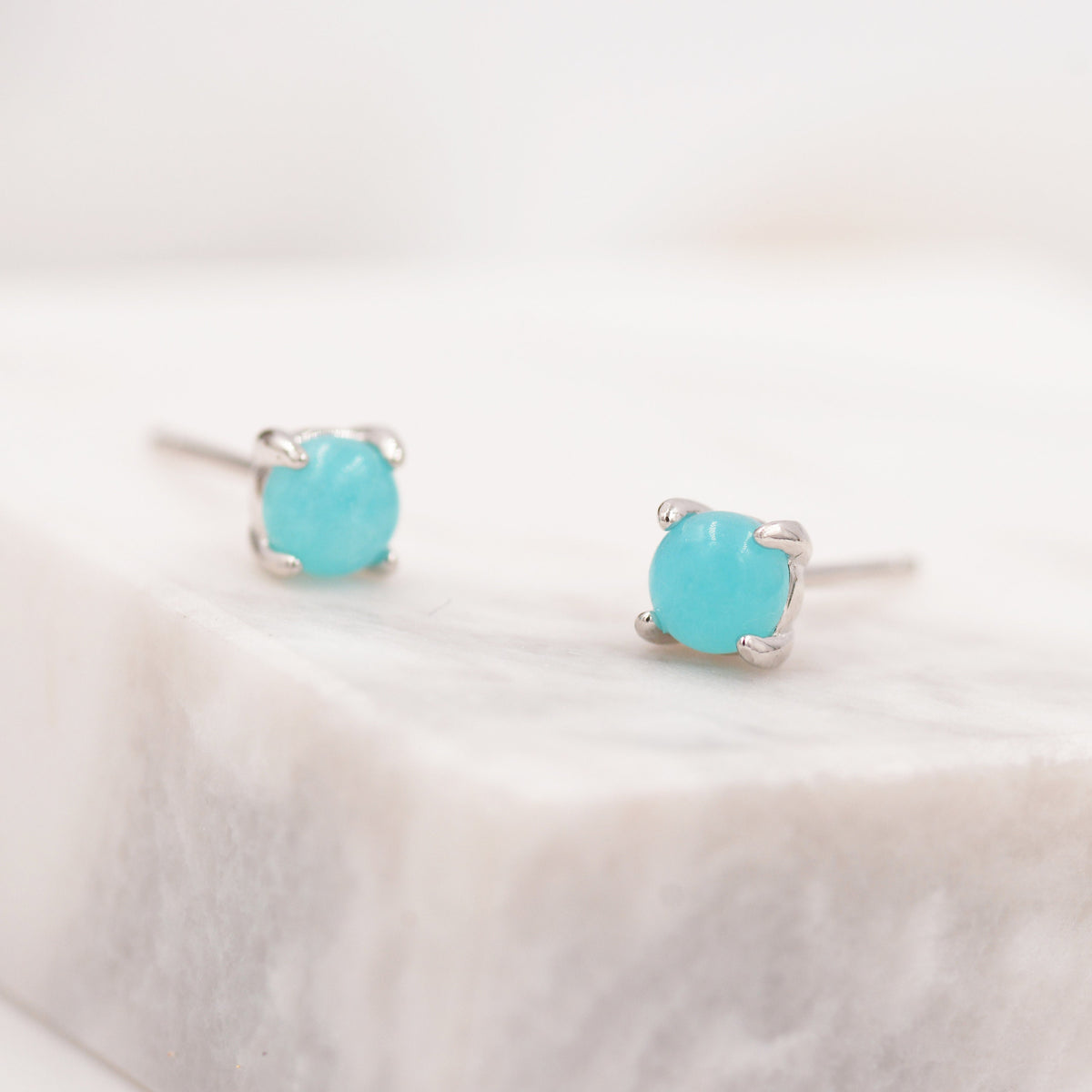 Sterling Silver Amazonite Stud Earrings, 4mm, Genuine tiny Amazonite Gemstone Stud, 4 Prongs, Minimalist Style