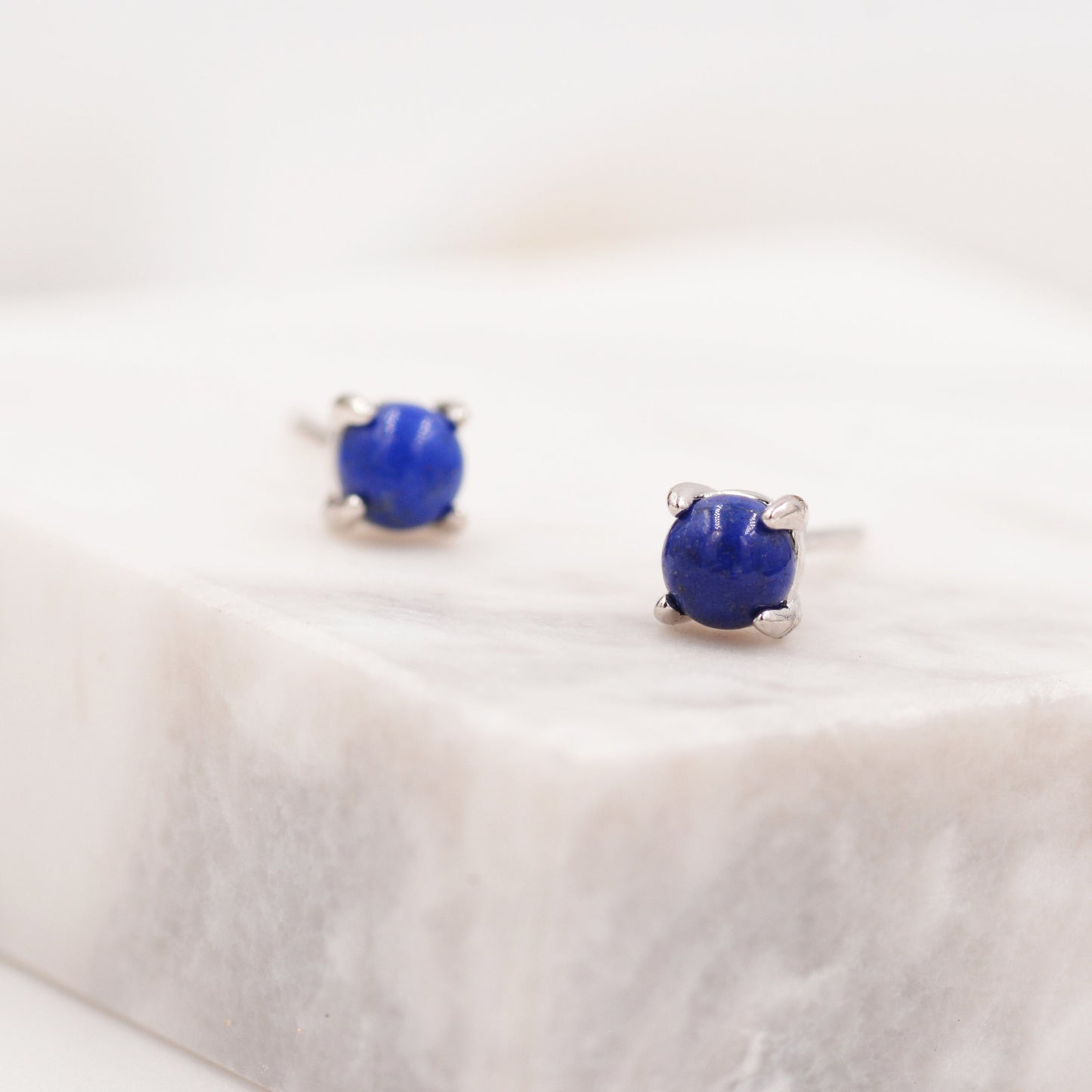 Sterling Silver Lapis Lazuli Stud Earrings, 4mm, Genuine Tiny Lapis Lazuli Gemstone Stud, 4 Prongs, Minimalist Style