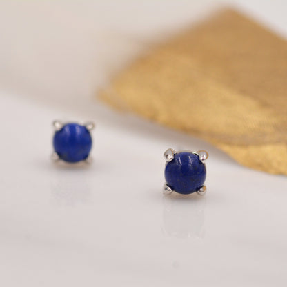 Sterling Silver Lapis Lazuli Stud Earrings, 4mm, Genuine Tiny Lapis Lazuli Gemstone Stud, 4 Prongs, Minimalist Style