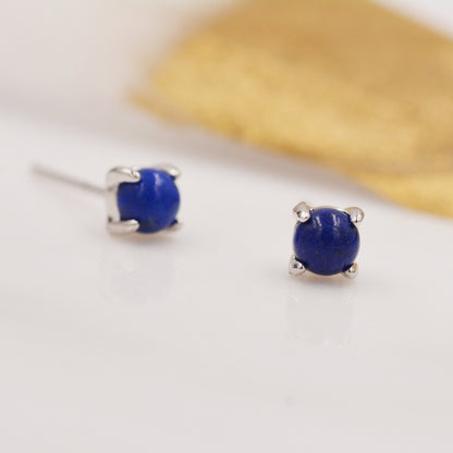 Sterling Silver Lapis Lazuli Stud Earrings, 4mm, Genuine Tiny Lapis Lazuli Gemstone Stud, 4 Prongs, Minimalist Style