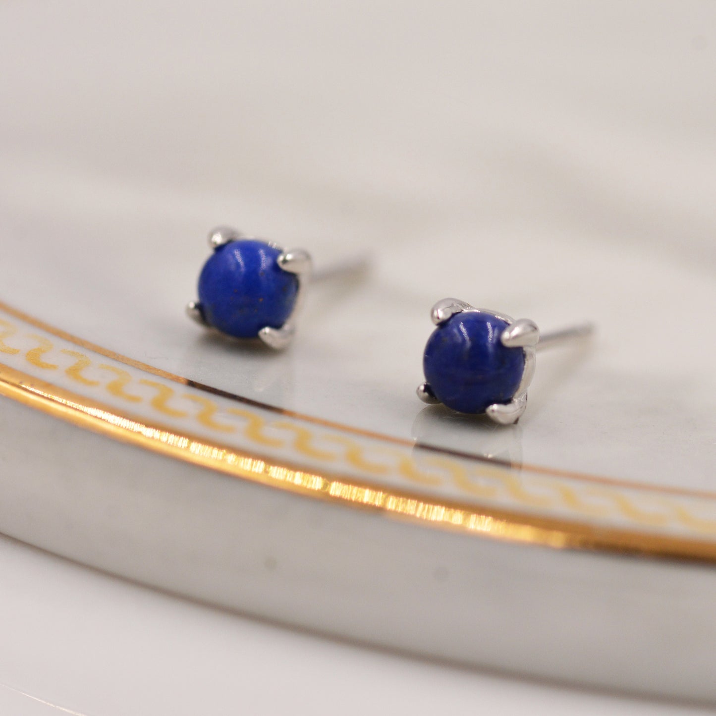 Sterling Silver Lapis Lazuli Stud Earrings, 4mm, Genuine Tiny Lapis Lazuli Gemstone Stud, 4 Prongs, Minimalist Style