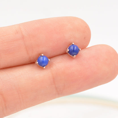 Sterling Silver Lapis Lazuli Stud Earrings, 4mm, Genuine Tiny Lapis Lazuli Gemstone Stud, 4 Prongs, Minimalist Style