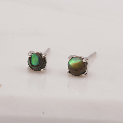 Sterling Silver Sea Abalone Paul Shell Stud Earrings, 4mm, Genuine Shell Gemstone Stud, 4 Prongs, Minimalist Style