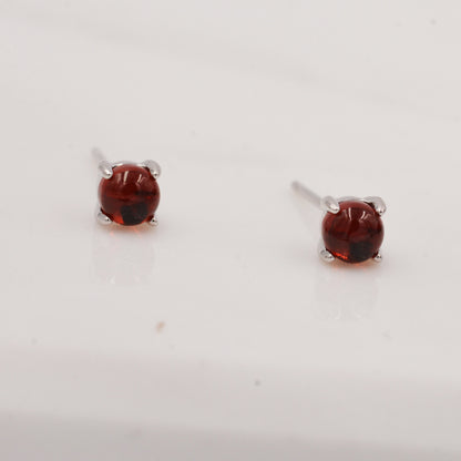 Sterling Silver Garnet Stud Earrings, 4mm, Genuine Garnet Gemstone Stud, Dark Red Crystal, 4 Prongs, Minimalist Style