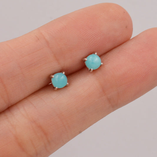 Sterling Silver Amazonite Stud Earrings, 4mm, Genuine tiny Amazonite Gemstone Stud, 4 Prongs, Minimalist Style