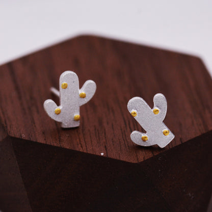 Cute Cactus Stud Earrings in Sterling Silver, Frosted Finish, Cute Dainty Minimal Jewellery