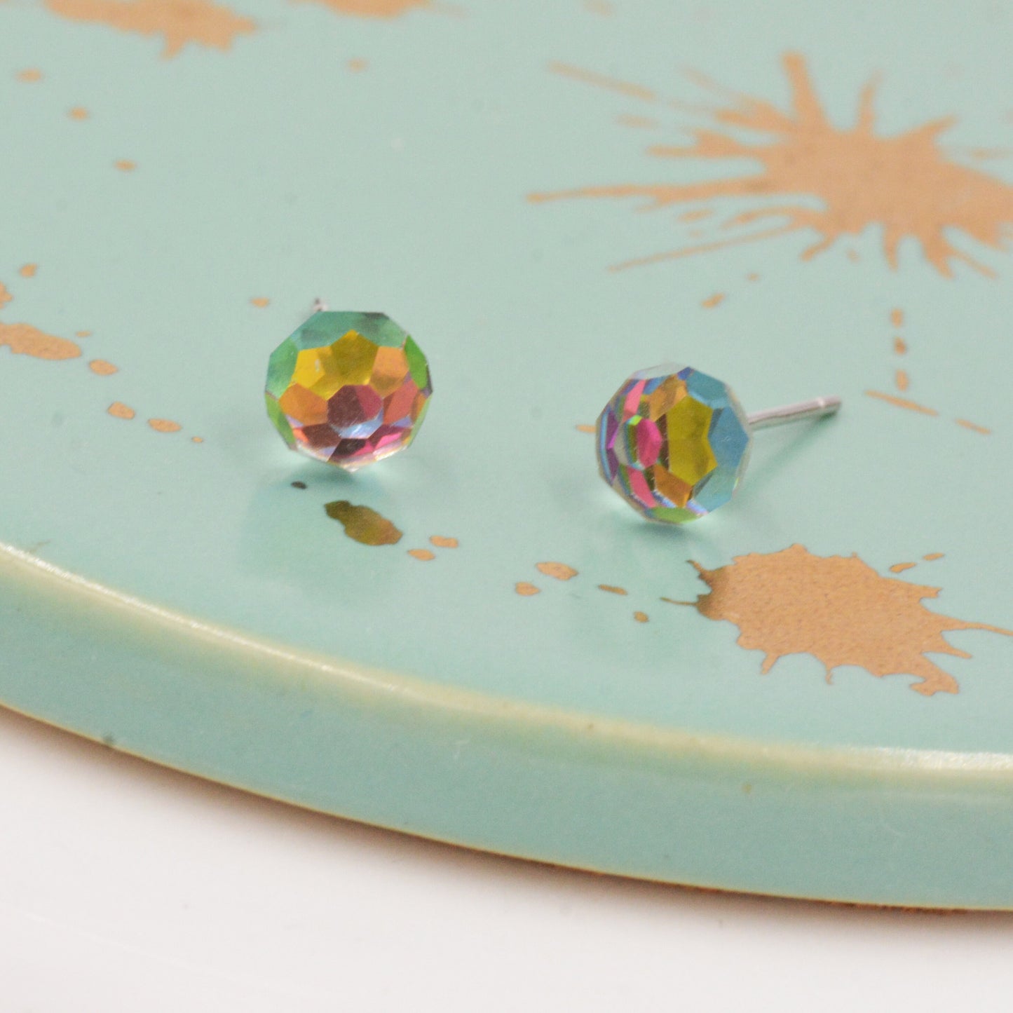 Colour Changing Faceted Ball Stud Earrings in Sterling Silver, Rainbow Colour Spectrum, aurora borealis Stud, Minimalist Ball Stud