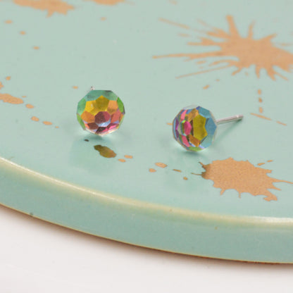 Colour Changing Faceted Ball Stud Earrings in Sterling Silver, Rainbow Colour Spectrum, aurora borealis Stud, Minimalist Ball Stud